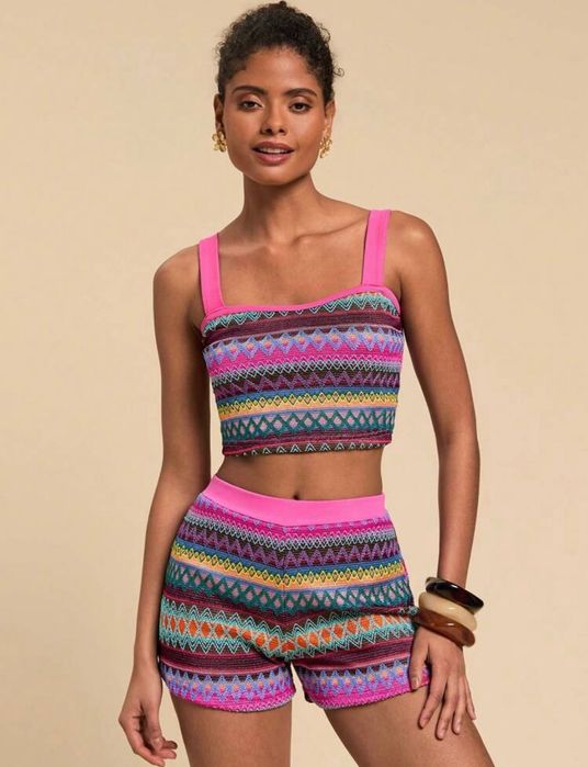 Летен бохо комплект къси панталонки памучни къс топ шарени розово