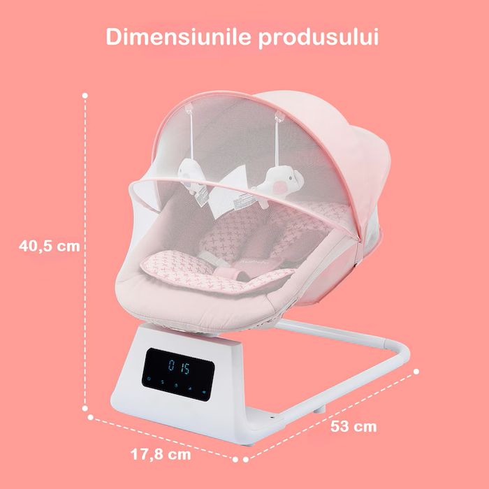 Leagan si Balansoar Electric 3D Motion BabyHug™ cu Telecomanda si Functie Bluetooth, Panou Digital Easy Touch, 5 Moduri/5 Viteze, Spatar Reglabil, Perna Moale, Baldachin Detasabil, Melodii, Jucarii, Cronometru 8/15/30 min, Centura de Siguranta, Soft Pink