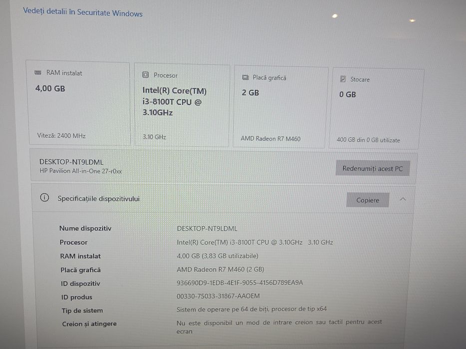 Sistem PC Al in One HP Pavilion 27-r101nq, 27" Full HD, Intel Core i3