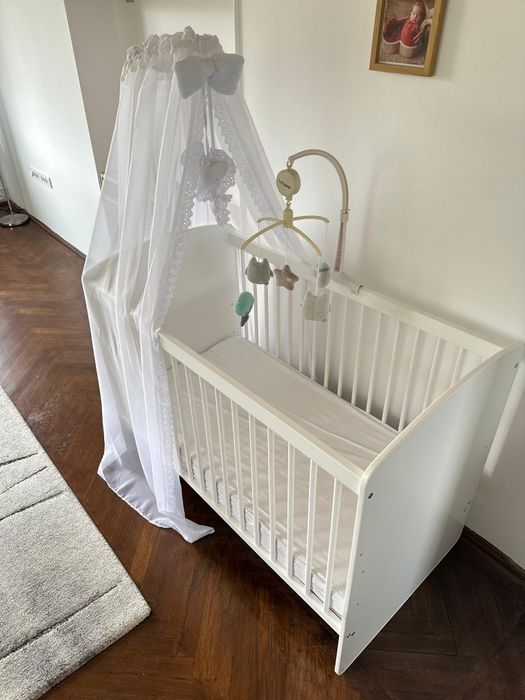 Pătuț bebe din lemn + saltea cocos + baldachin, 120x60