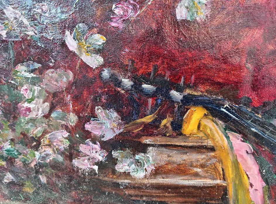 Pictura veche - natura statica cu cobza - semnat Satmary