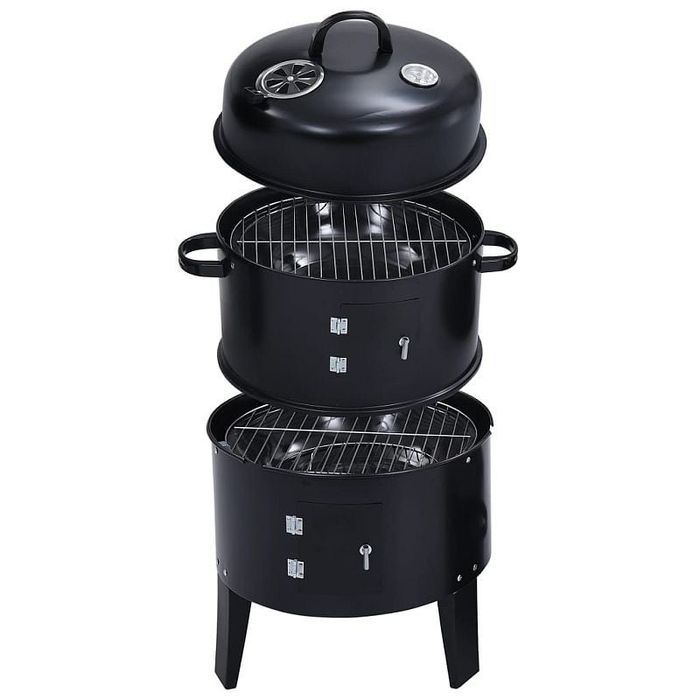 Gratar pe carbuni 3 in 1, capac cu termometru, 2 usi, 3 compartimente cu afumatoare/grill/gatire la abur, 40x40x80 cm