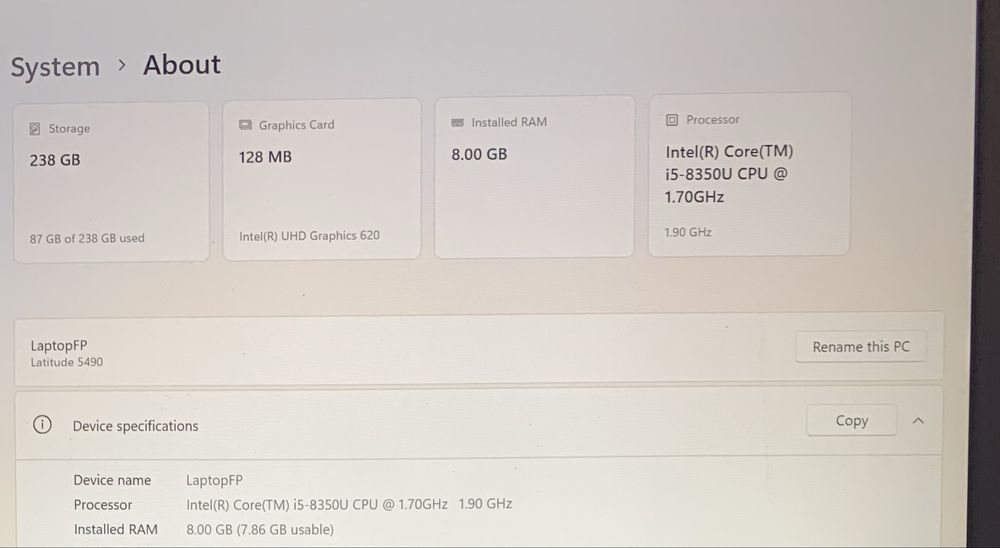 Laptop Dell Latitude 5490 i5 8th Gen/ 8 Gb DDR4/ SSD 256Gb