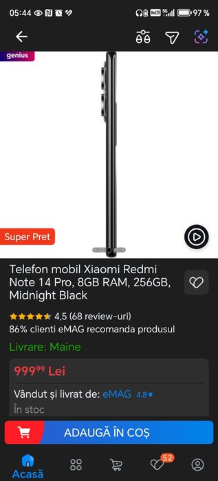 Telefon mobil Xiaomi Redmi Note 14 Pro, 8GB RAM, 256GB, Midnight Blac