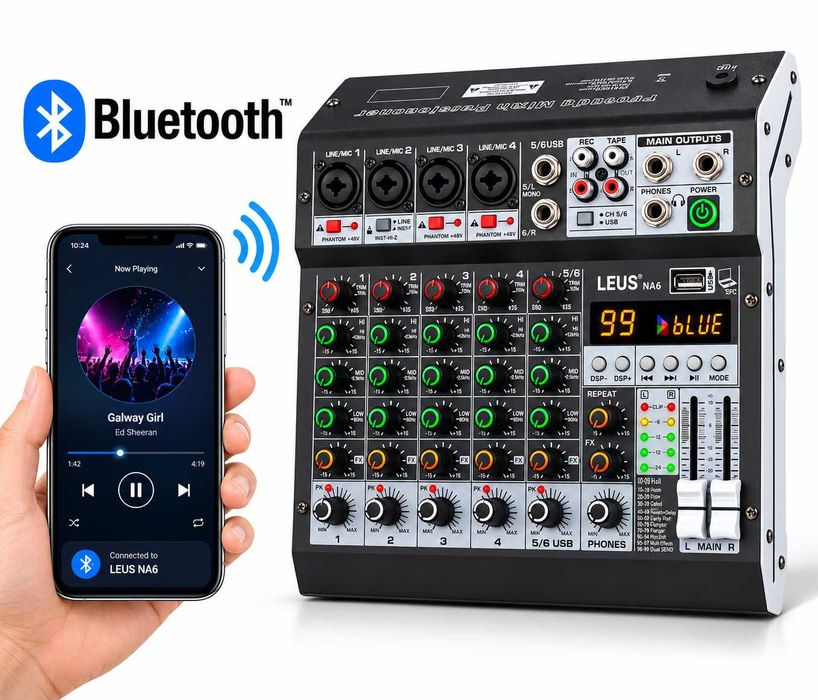 Pasiv mixer audio profesional 6 canale 99 Efecte digital DSP Stereo canal USB Bluetooth LED ecran