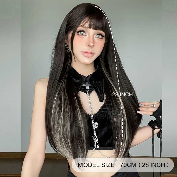 Тъмно кафява права перука с руси кичури бретон и зигзаг път