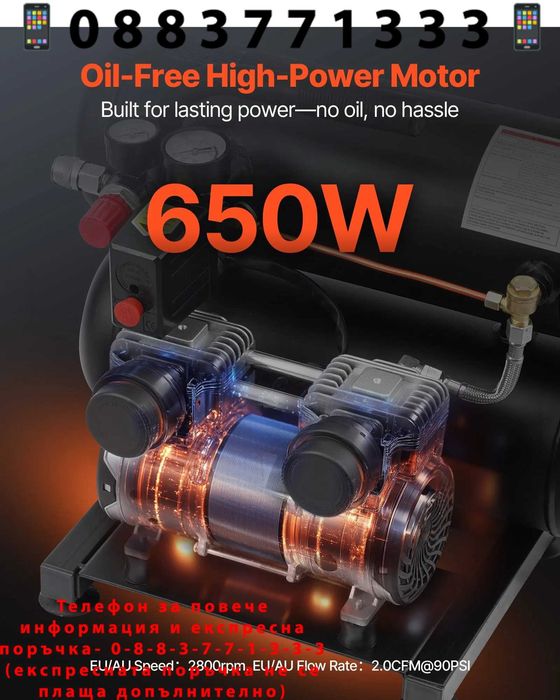 НЕМСКИ Компактен безмаслен компресор – 17.4 л + ЛЕД ФЕНЕР