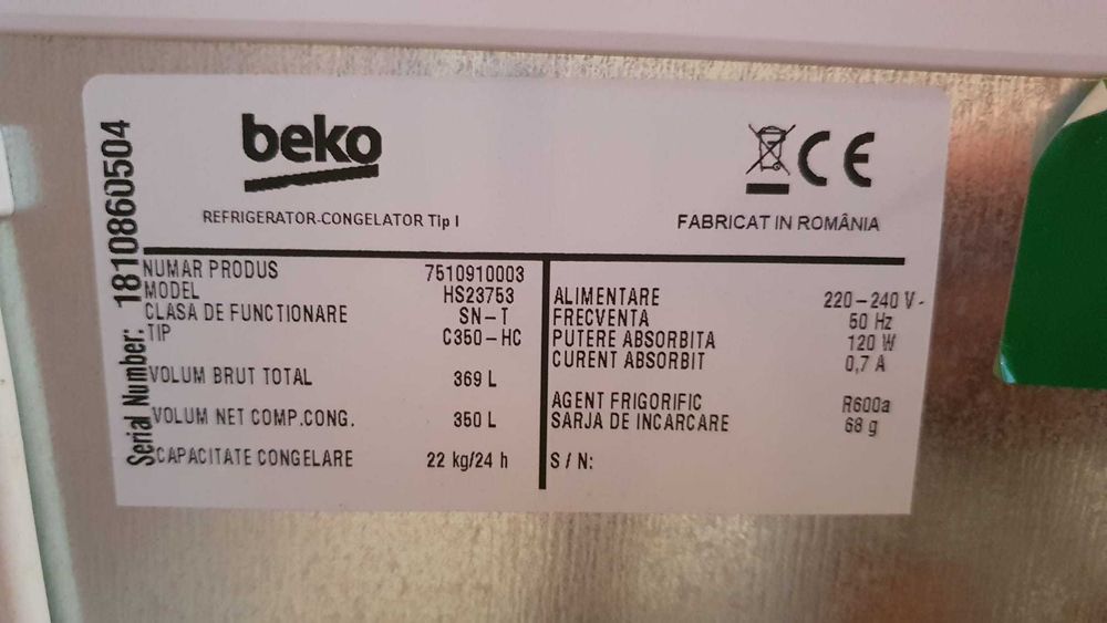 Lada frigorifica noua Beko HS23753 ClasaA++, 369Lit/brut.,350Lit/net
