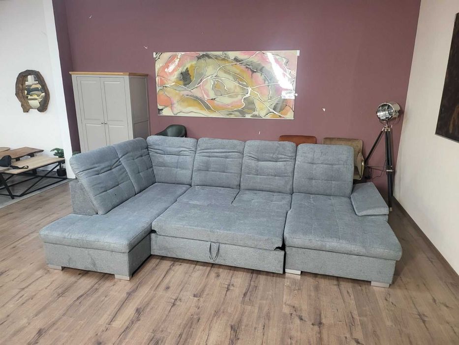 Светло сив П - образен ъглов диван Nixon с функция сън