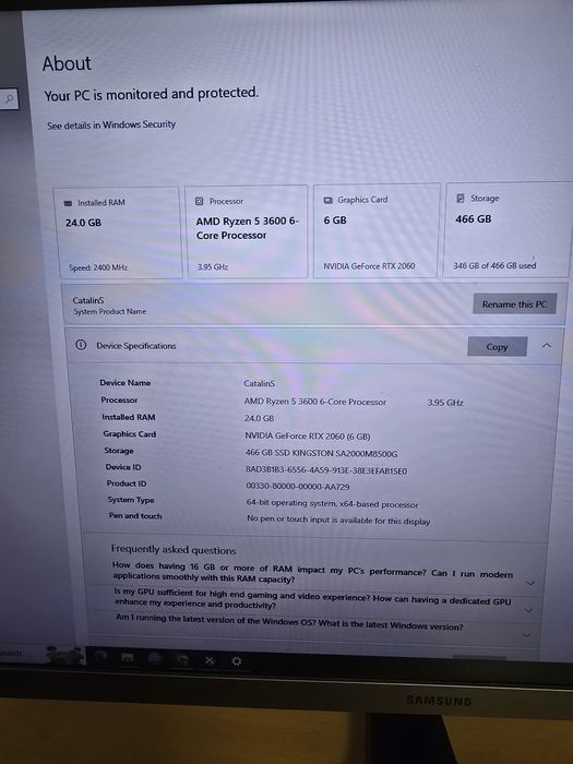 PC Gaming Complet Ready to Play – Ryzen 5 3600 | RTX 2060 6GB | 24GB RAM |Răcire pe apă AIO |Monitor Samsung 24" IPS + Tastatură HyperX