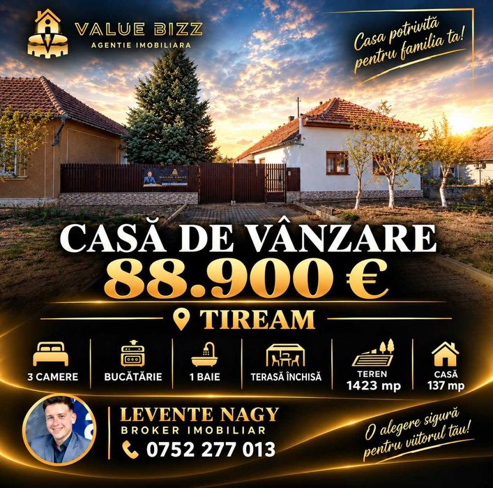 AGENȚIA IMOBILIARĂ VALUE BIZZ vă propune spre vânzare o proprietate deosebită, situată în localitatea Tiream