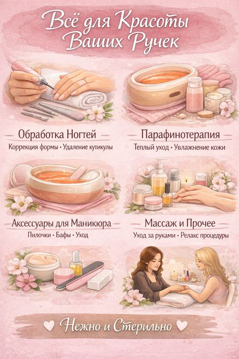 Уход для рук,базы,салфетки безворсовые,бафики и фрезы.