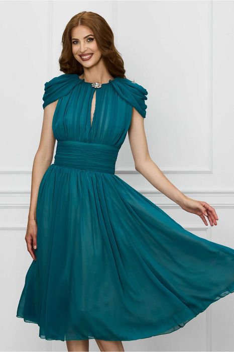 Rochie DY Fashion turcoaz din voal cu accesoriu