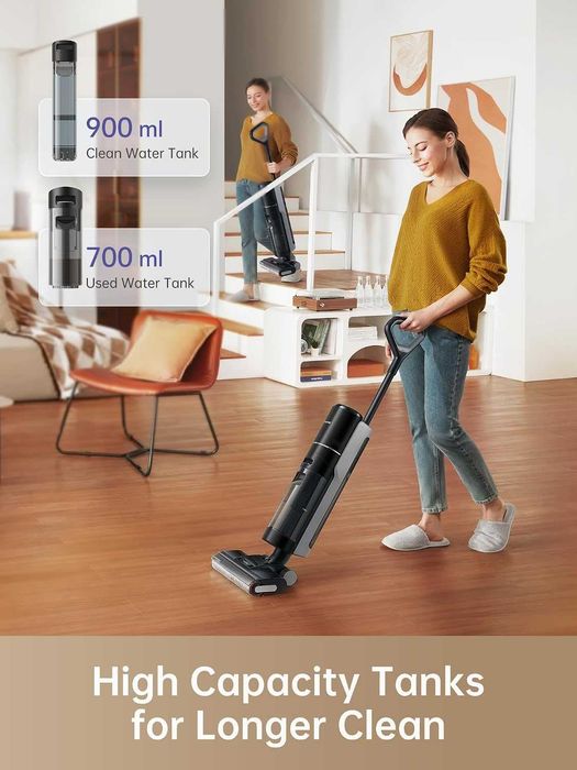Dreame H12 Pro е безжичен уред за мокро и сухо почистване, основно за твърди подови настилки, с резервоар за чиста вода 0,9 л и за мръсна вода 0,7 л.