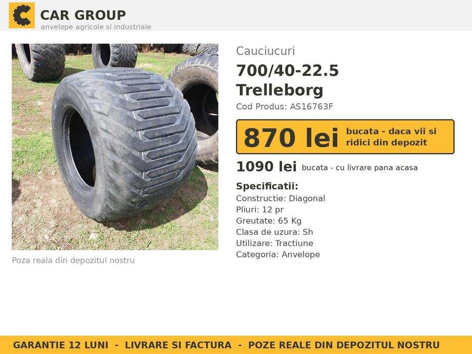 Cauciucuri Anvelope 700/40-22.5 700/40 22.5 700/40R22.5 700 40 22.5 70040225 Trelleborg Remorca Implement Flotatie SH Second Hand PRET BUN Oferta