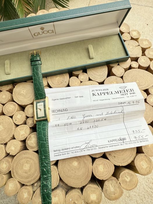 ceas Gucci Quartz 2600 , Aur, curea crocodil verde, acte, cutie