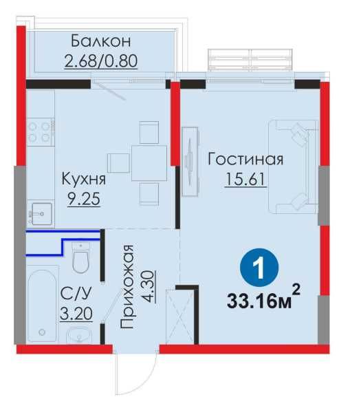 Мирабад: Комфорт+ 33,16 кв.м.• СКИДКА 15% • ПВ 30% (16 950у.е.) (XS)