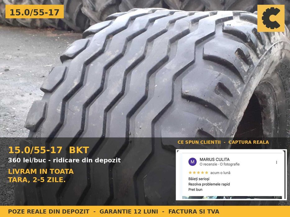 Cauciucuri 15.0/55-17 15/55-17 380/55-17 BKT ANVELOPE Remorca Presa Baloti Imprastietoare Cisterna Flotatie SH GARANTIE Factura TVA Livrare Tara