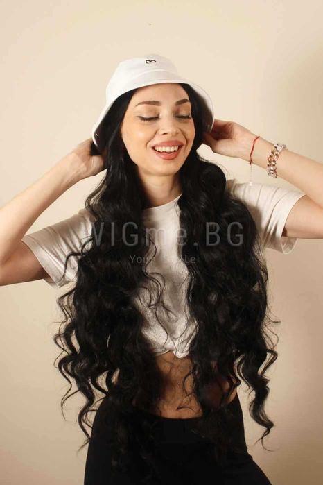 Дълга черна къдрава лейс фронт перука Одри