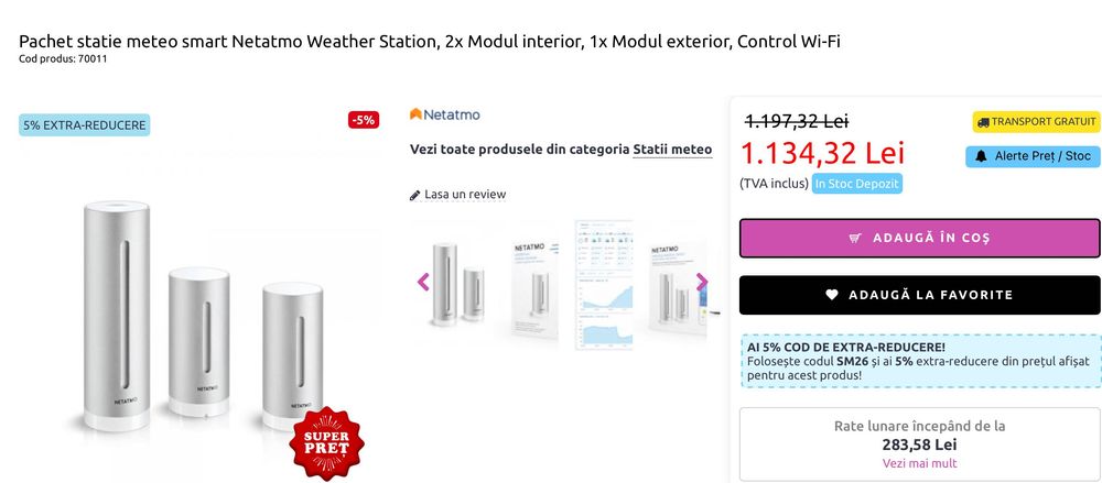 Netatmo senzor temperatura Weather Station meteo + Modul auxiliar
