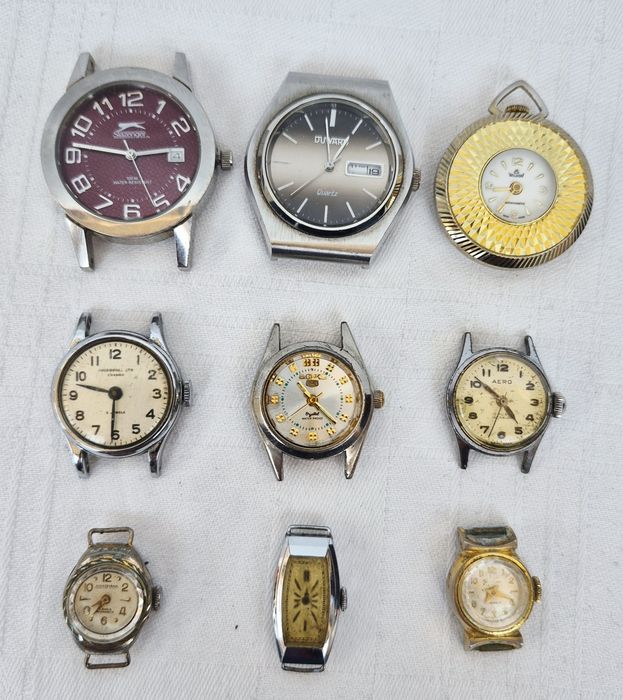 Lot 9 ceasuri mecanice cu defecte, Duward, Aero, Wilson, Ingersoll, Planesa, Nostrana fara curele, din oțel
