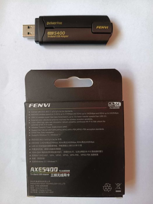 Adaptor Wireless FENVI AX5400 Wi-Fi 6E USB3.0 Tri-Band 2.4/5/6 GHz 5400 MB/s Laptop & PC Win10/11 Driver Free - NOU / SIGILAT
