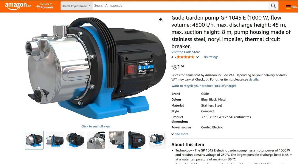 Pompă de grădină Güde GP 1045 E, 1000 W, debit: 4500 l/h