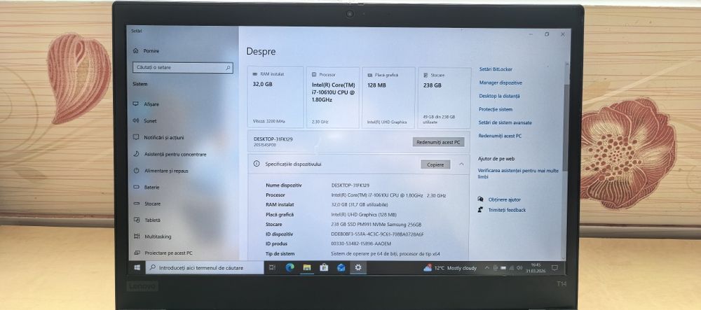 Laptop Lenovo ThinkPad T14_i7 10610U vPRO_32 GB DDR4_4-5h Bateria__NOU