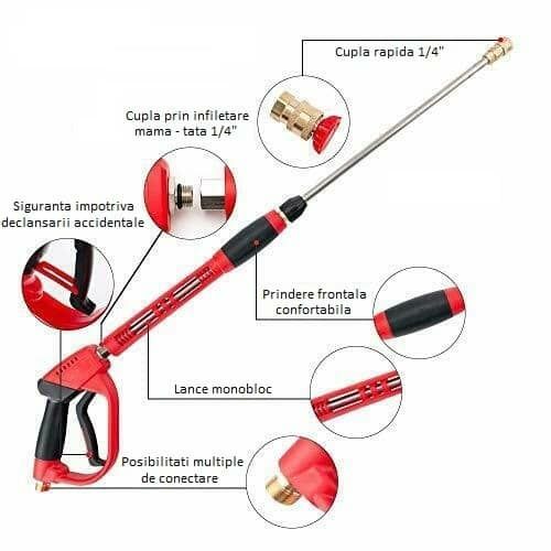 Set pistol presiune aparat spalat si lanci apa + set 5 duze