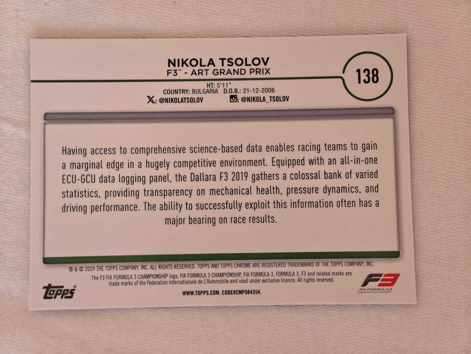 Колекционерски карти Никола Цолов Topps Chrome F1 2024 Nikola Tsolov RC rookie card