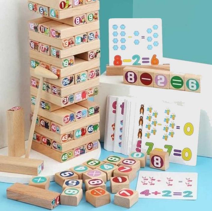 НОВО! Дървена дженга с числа, животни, чук, зарове и карти Wood Jenga