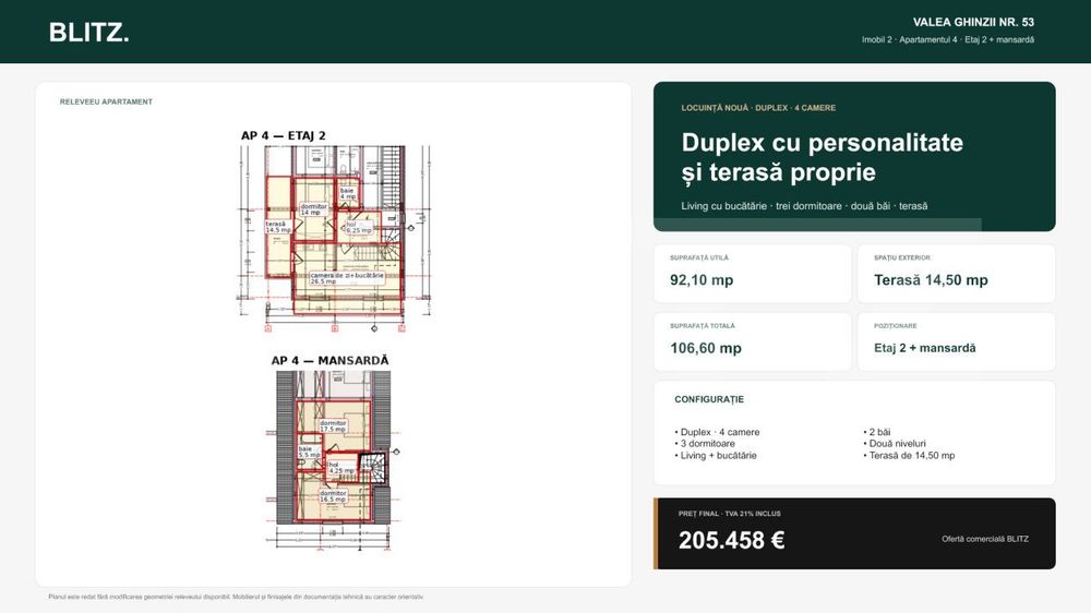 Apartament cu scara interioara cu 4 camere si terasa, 106,60 mp — fotografia 3