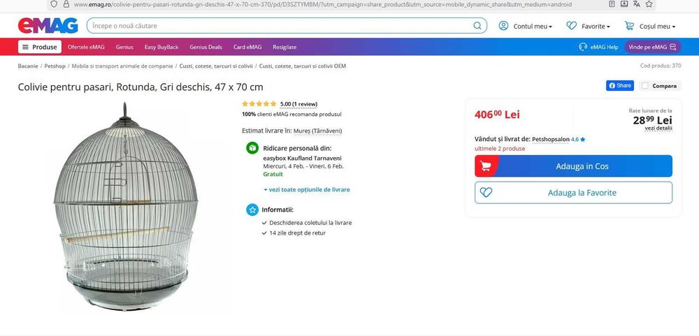 Colivie pentru pasari, Rotunda, Gri 47 x 70 cm