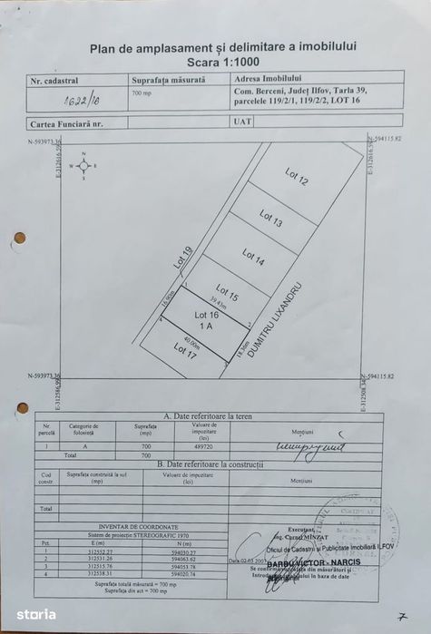 Lot teren 700 mp*Intravilan*Comuna Berceni*deschidere 17m