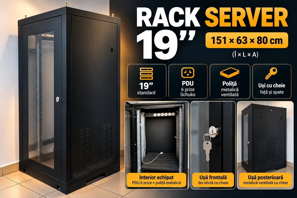 Dulap rack server 19”, 151x63x80 cm, PDU 6 prize, poliță, uși cu cheie