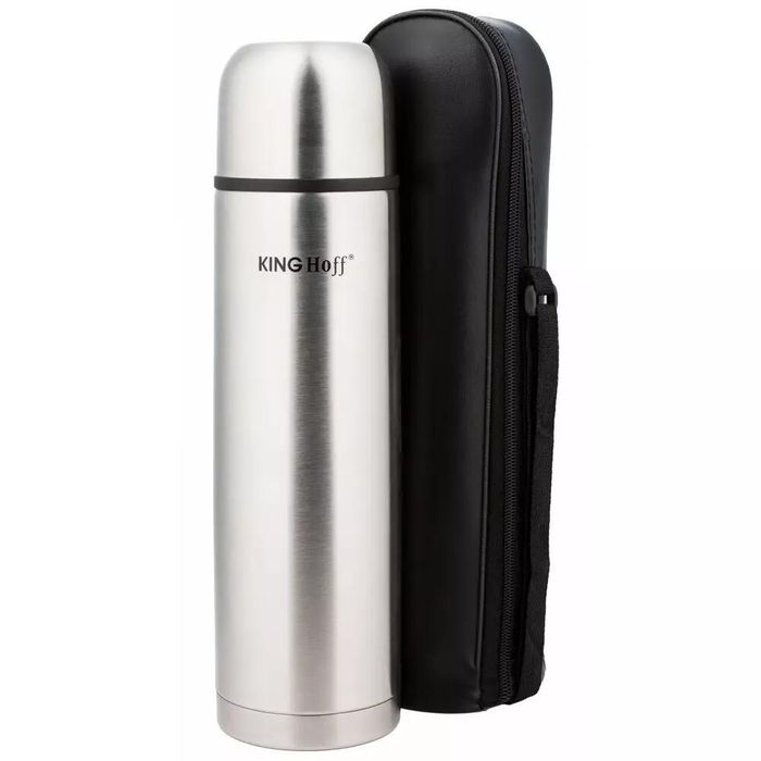 Termos din inox argintiu cu pereti dubli, capacitate 350 ml, husa de