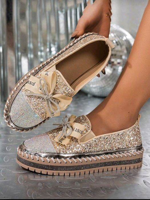 Mocasini/Tenisi de Damă Noi, cu Sclipici și Fundă - Mărimea  39 (38)