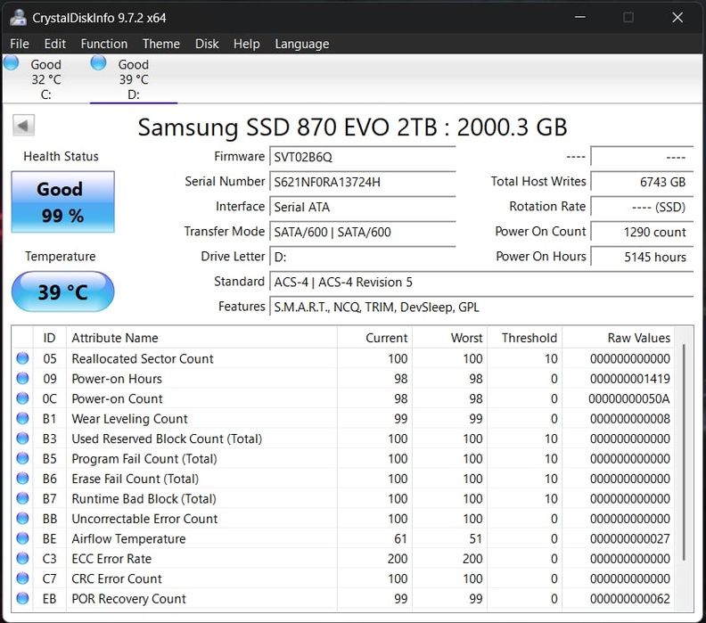 SSD Samsung 870 EVO 2TB ORIGINAL – TESTAT 100% – CrystalDiskInfo + Magician + HDD Sentinel