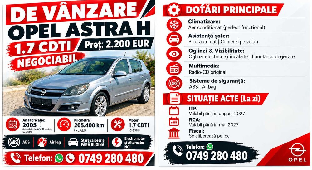 Opel Astra H 1.7 CDTI | 2005 | 205.400 km | FĂRĂ RUGINĂ | 2.200 €