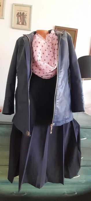 Geaca/jacheta dama, imitatie piele si fusta de culoare bleomaren