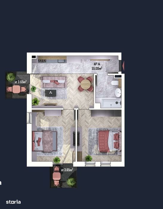 Apartament 3 camere, 55 mp utili + balcon 7,3 mp, Estimo Park – Apah