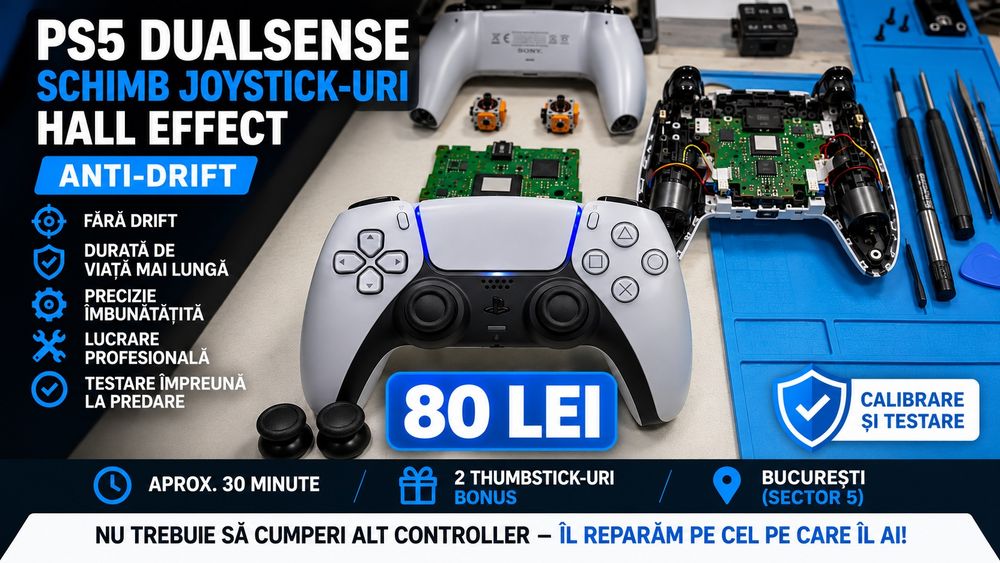 Reparatii controllere PS5,stick drift,schimb Joystick-uri PS5 DualSense Hall  Effect (Anti-Drift) – 80 Lei București
