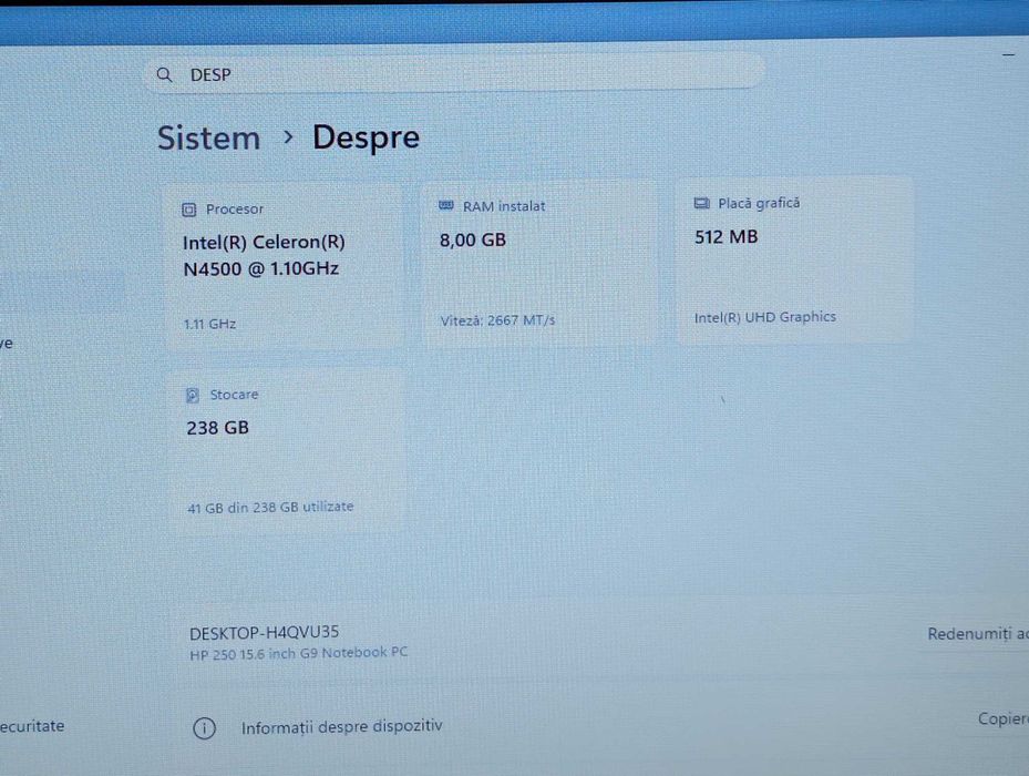 Laptop HP 250 G9 cu procesor Intel Celeron N4500 pana la 2.8GHz, 15.6'', 8GB DDR4 RAM, 256GB SSD, Intel UHD Graphics