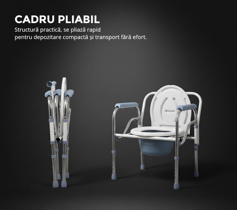 Scaun cu WC de Camera EvoSmart™ Y01, Toaleta Mobila, Inaltime Reglabila, Latime 55cm, Pliabil, Din Otel Si Inox, Alb