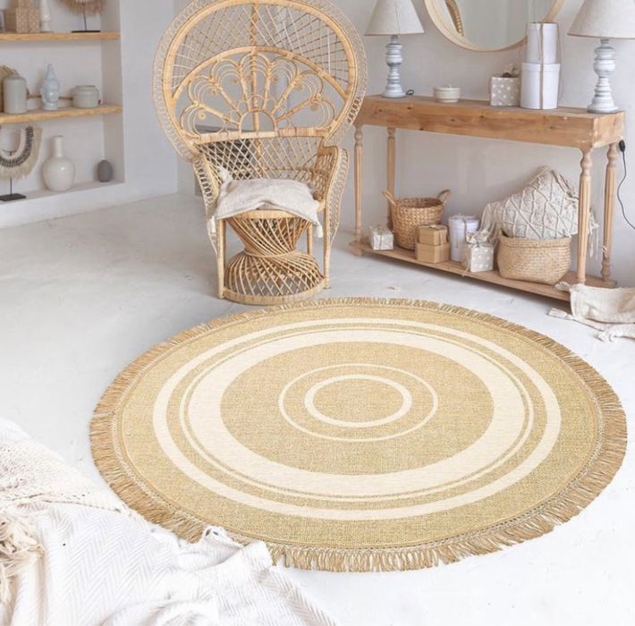 Кръгъл килим, противоплъзгащ, килими от юта и памук, килими с ресни