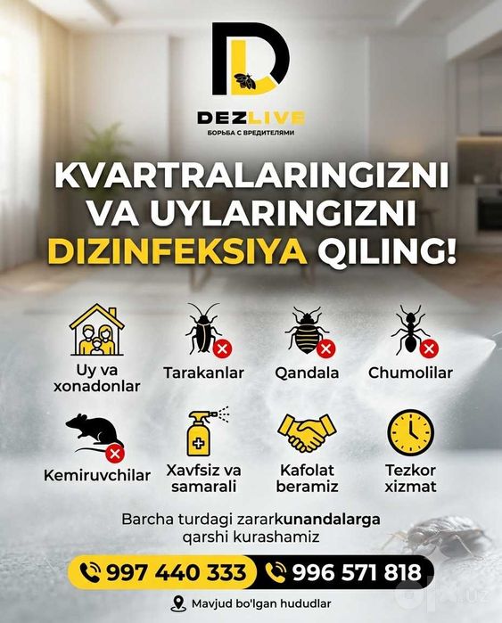 Dezinfeksiya xizmati | Toshkent bo'ylab professional dezinfeksiya