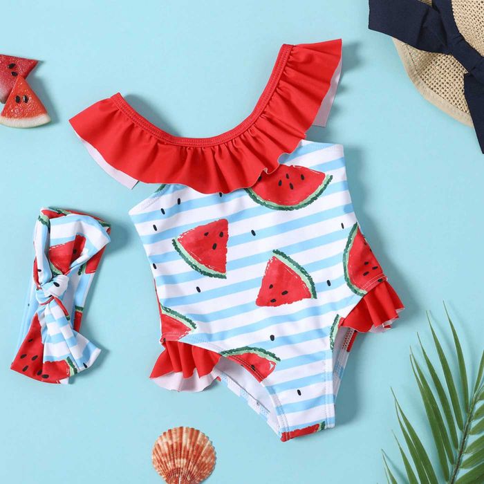Costum de baie cu bentiță, pentru fetite. Marimi:6-9luni si 9-12 luni