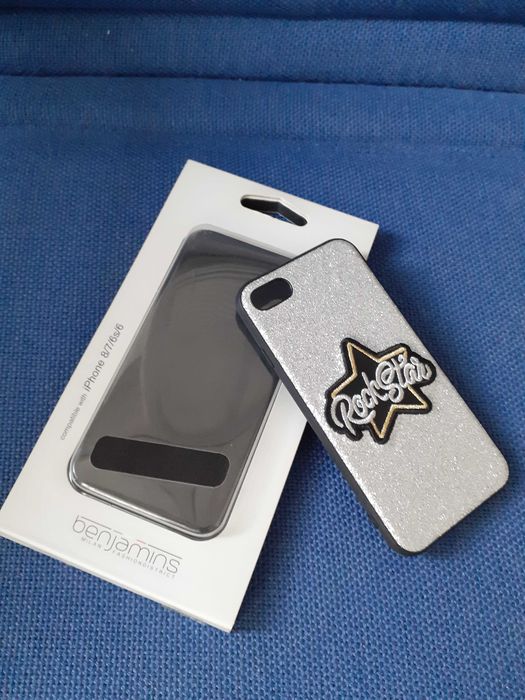 Нов твърд гръб Rock Star за iPhone 6/6S/7/8 , Черен/сребрист  ест.кожа