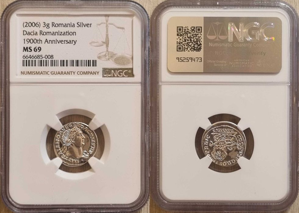 Denar imparatul Traian, replica BNR 2006 gradata NGC MS 69