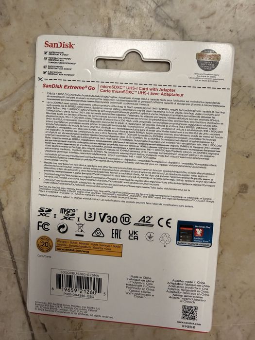Card micro sd sandisk extreme go 128gb 4k uhd v30 200mbs